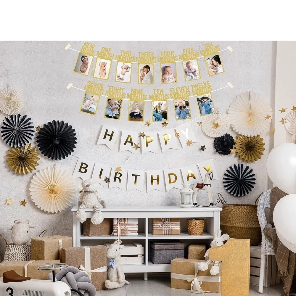 PartyHooman 1st Birthday Photo Banner for Baby from Newborn to 12 Months